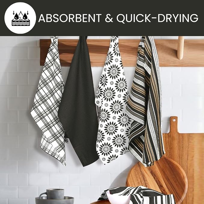 Assorted Kitchen Towels Large 16x26 inches 100% Cotton Set of 5 - Soft Absorbent Washable Tea Towel for Kitchen - Dish Cloths with Hanging Loop - Quick Drying Dish Towels Black