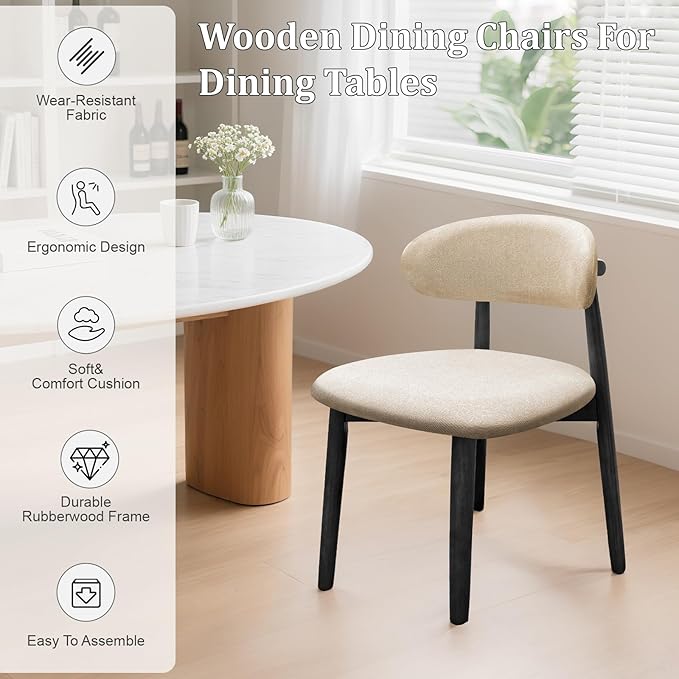 Farmhouse Dining Chairs Set of 6, Mid Century Modern Fabric Upholstered Kitchen Chairs, Wooden Dining Room Chair with Curved Back&Black Legs for Kitchen Dining Room Restaurant Cafe, Beige, Only Chairs