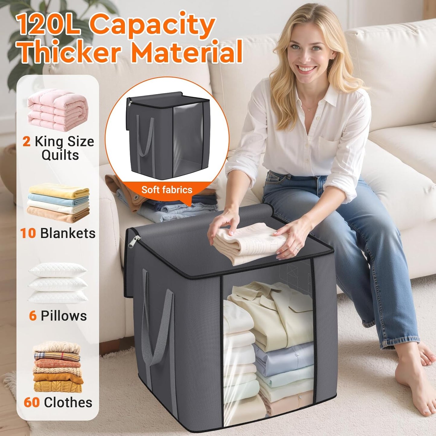 TasticTotes 120L Extra Large Clothes Storage Bags - Foldable Blanket Organizers with Reinforced Handles & Zippers - Gray, 1 Pack