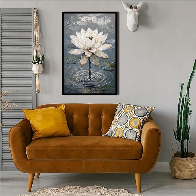 Stunning white lotus emerges from prismatic water with delicate petals background Serene aquatic wall art suitable for modern minimalist decor 12x18in Metal blackFramed