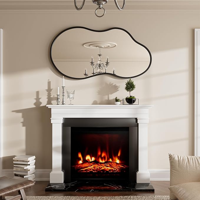 36”x 24” Irregular Wall Mirror, Black Mirrors for Over Sink, Framed Modern Bathroom Mirror, Wall Decorative for Entryway Living Room Bedroom Vanity Asymmetrical Mirror Horizontal/Vertical