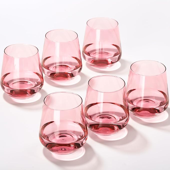 Pink Stemless Wine Glass Set of 6-17oz Wine Glasses, Stemless Drinking Glasses for Wine, Cocktails & Beverages - Elegant Glassware for Home, Bar & Holiday Use