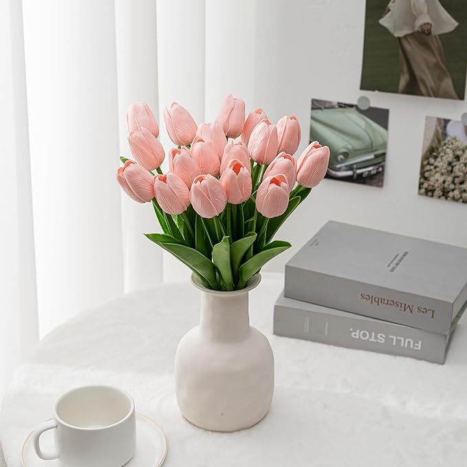 KAOYOO 18PCS Artificial Tulip Flowers Bouquet - Faux Latex Tulips for Home Decor,Office Desk,Kitchen Table,Wedding Centerpiece,Party,Spring Decoration(Pink,18 Pack)