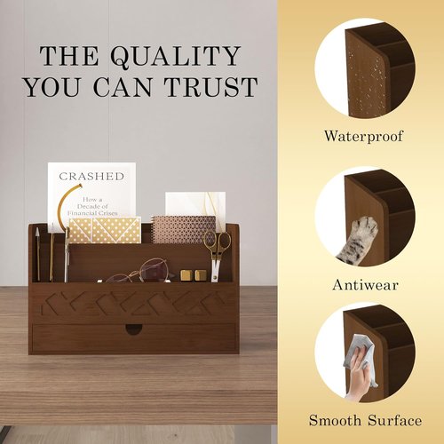 Bamboo Mail Organizer by [Brand Name] - All-in-One Desktop File Organizer with Drawer & Pencil Holder (Walnut)