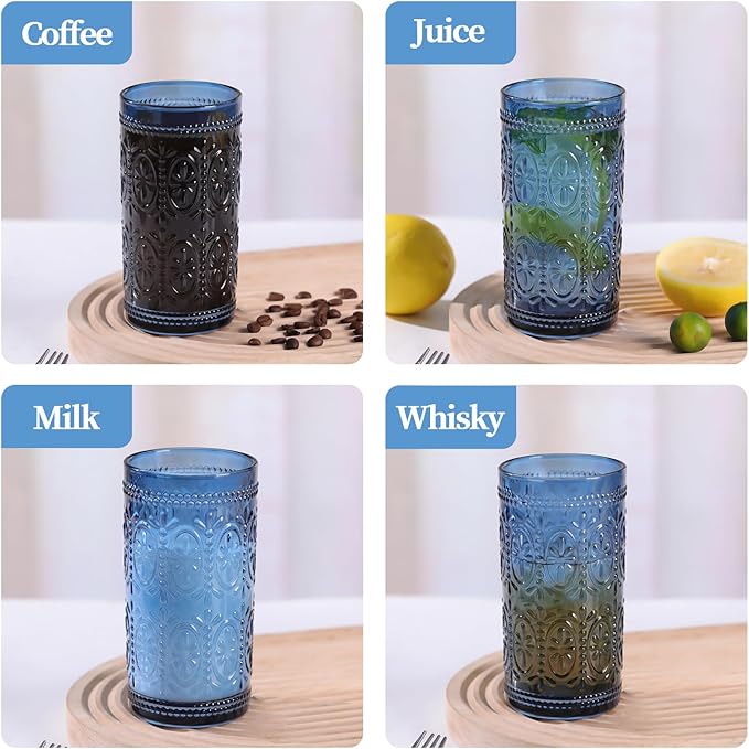 abrwyy Blue Drinking Highball Beverage Glass Cup, Vintage Drinking Glasses, Colored Glassware Set for Party Wedding, Home, Office, Water, Juice, Cocktail, Highball Glasses Set of 4