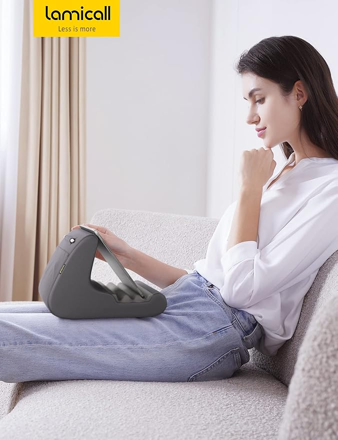 Lamicall Tablet Stand Pillow Holder - Tablet Pillow Soft Pad for Bed, Lap Phone Stand with Stylus Mount & Pocket, for iPad Pro 12.9, Air, Mini, Kindle, Galaxy Tab and 4-13" Devices, Dark Grey