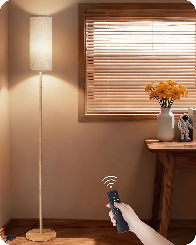 Wooden Textured Pole Lamp, Dimmable Floor Lamps for Living Room with Remote and Foot Switch, 64.4” Standing Tall Lamp, Corner Floor Light for Bedroom, Bulb Included, 3000K-6500K, FCC Listed XE06LD05W1
