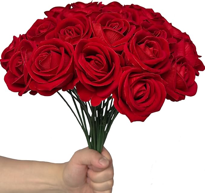 FagusHome 30 Pcs Silk Rose Artificial Flowers Roses Bulk Bouquet Fake Flowers Rose Heads with Stems for Home Wedding Decor (Red)