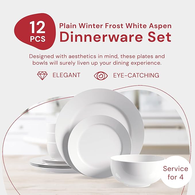 Safdie & Co. 12-Piece Modern Porcelain Ceramic Rim Aspen Dinner Set, Stackable, Lightweight Design for Everyday Use, in White Sketch