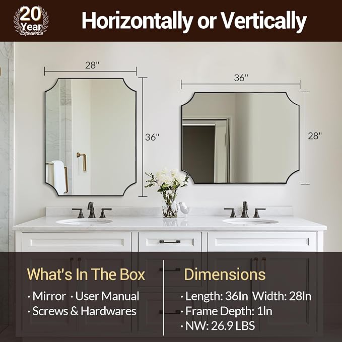ANDY STAR Bathroom Vanity Mirror, 28x36 Inch Matte Black Mirror, Modern Scalloped Mirrors for Bathroom, Unique Wall Mirror with Aesthetic Scalloped Corner Design