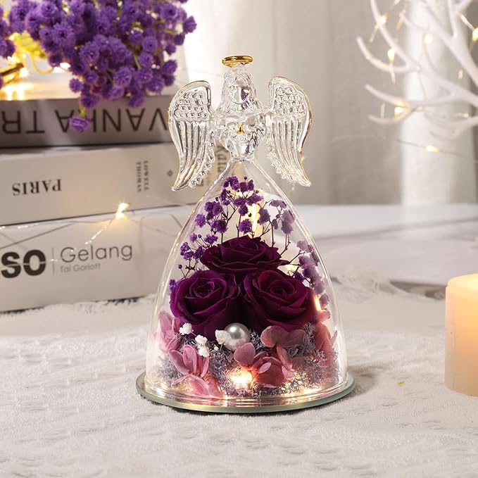 ANWEAO Christmas Flower Gifts for Mom,Angel Rose Gifts for Women,Glass Angel Figurine with Preserved Three Purple Roses,Forever Flowers Women Christmas Birthday Gifts for Mom Grandma Wife Her Friend