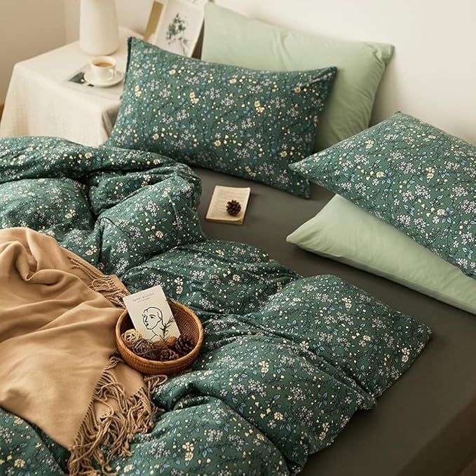 Vintage Green Floral Duvet Cover Full Size Jersey Knit Cotton Chic Floral Bedding Set Garden Style Botanical Flower Comforer Cover Floral Cottagecore Bedding Set 1 Duvet Cover with 2 Pillowcases