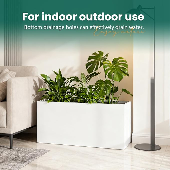Metal Rectangular Planter White Steel Rectangle Planter Box 36" L x 12" W x 16" H Outdoor Indoor Galvanized Steel Large Planters Modern Commercial Residential for Plants Porch Patio