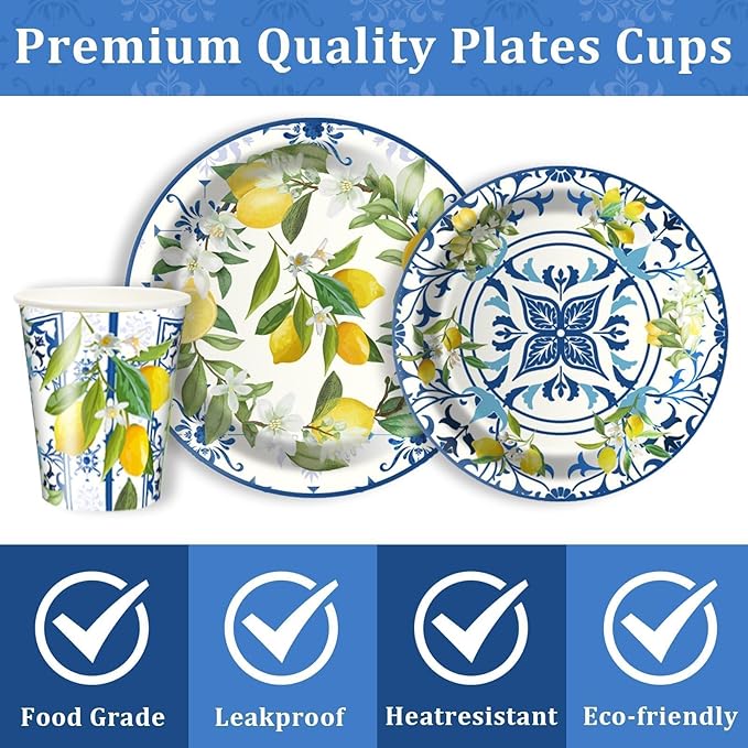 Amalfi Coast Plates and Napkins for Birthday Decorations Kit, Capri Lemon Tableware Supplies for Lemon Theme Summer Decor, Service 24 Guests