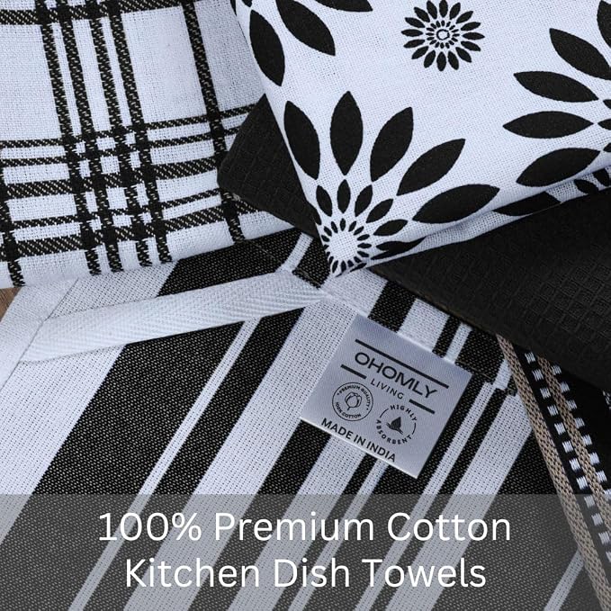 Assorted Kitchen Towels Set of 5-100% Cotton Dish Cloths Towels with Hanging Loop - Soft, Absorbent & Washable for Kitchen Use - Quick Drying Dish Towels 16x26 Inch Black