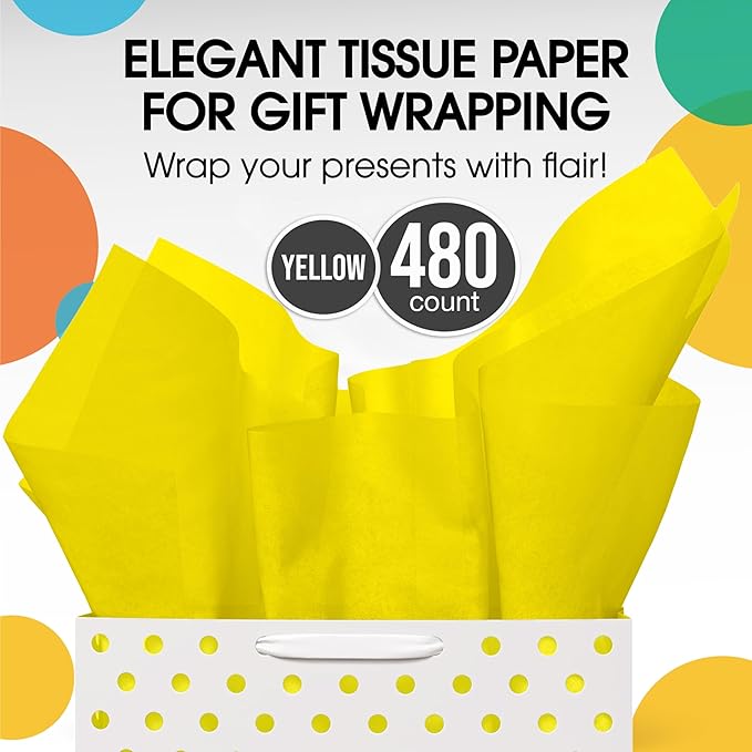 Party Solids Yellow Tissue Paper for Gift Bags - 15" X 20" Bulk Tissue Paper Yellow 480 Sheets - 10lb Newsprint for Packing, Birthday Gift Box Filler, Packing Supplies for Moving Supplies