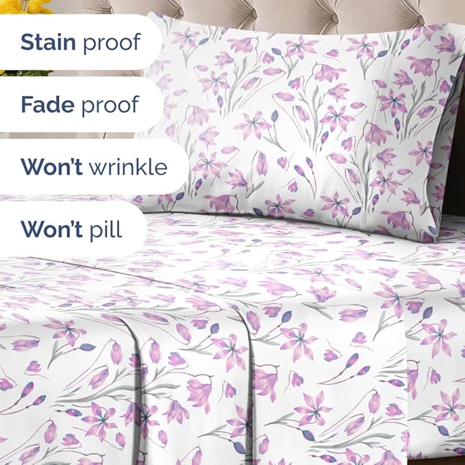 Floral Sheets - Pink Floral Bed Sheet Set - 1 Flat & 1 Fitted & 1 Pillowcase w/ Deep Pockets - Comfy, Wrinkle & Fade Free - Boho Botanical Bedding - Ultra-Soft, Breathable & Cooling - Twin Size Set