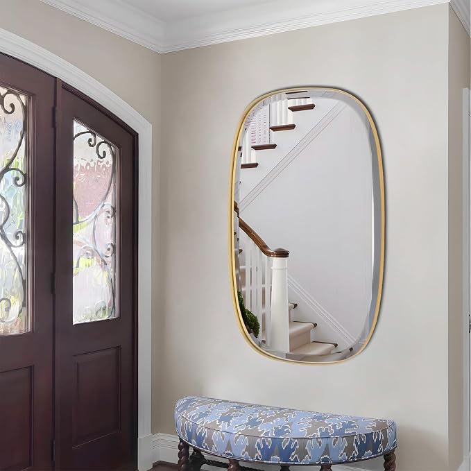 POZINO Beveled Bathroom Mirror, 40"x24" Oblong Vanity Mirrors with Stainless Steel Frame, Brushed Gold Rectangle Wall Mirror for Entryway Bedroom Hallway Living Room, Hangs Vertically or Horizontally