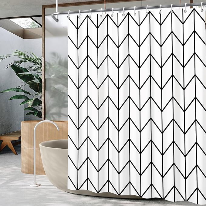 Boho Herringbone Shower Curtains Black White Zig Zag Geometric Bathroom Curtain Minimalist Abstract Polyester Shower Curtain Sets for Bathroom Extra Long 72x108 in with 12 Hooks