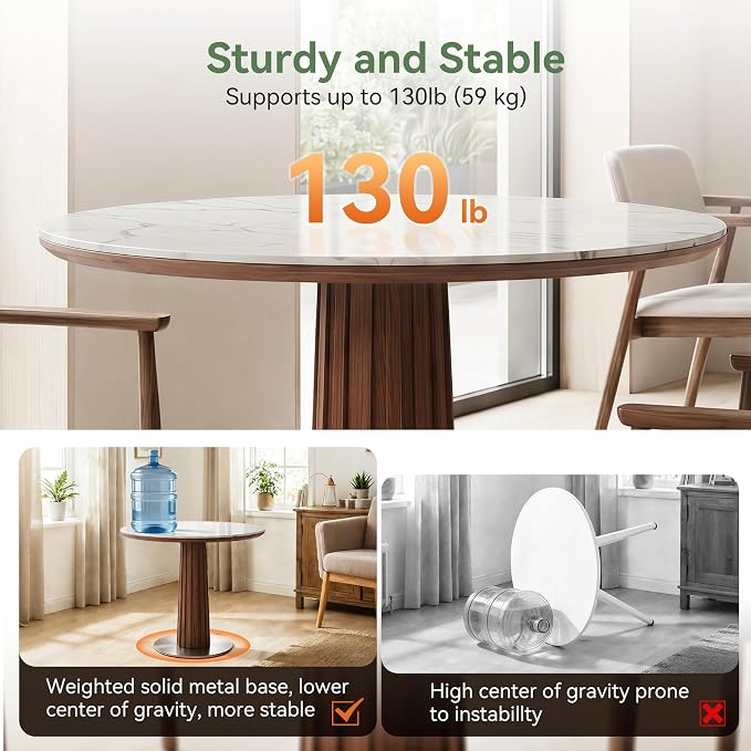 Round Dining Table, 31.5" Solid Wood Dinner Table with Thickened Top & Steel Pedestal, Mid Century Modern Bistro Table for Kitchen, Small Space, Living Room, Cafe, White & Walnut -Style B