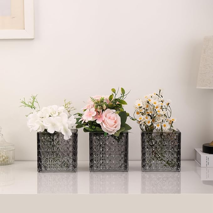 MARTAGE Square Vases Set of 6, 4" x 4" x 4" Square Glass Vases for Flowers, Black Flower Vase for Centerpieces, Small Bubble Vase for Wedding, Party, Home, Office, Parties, Events