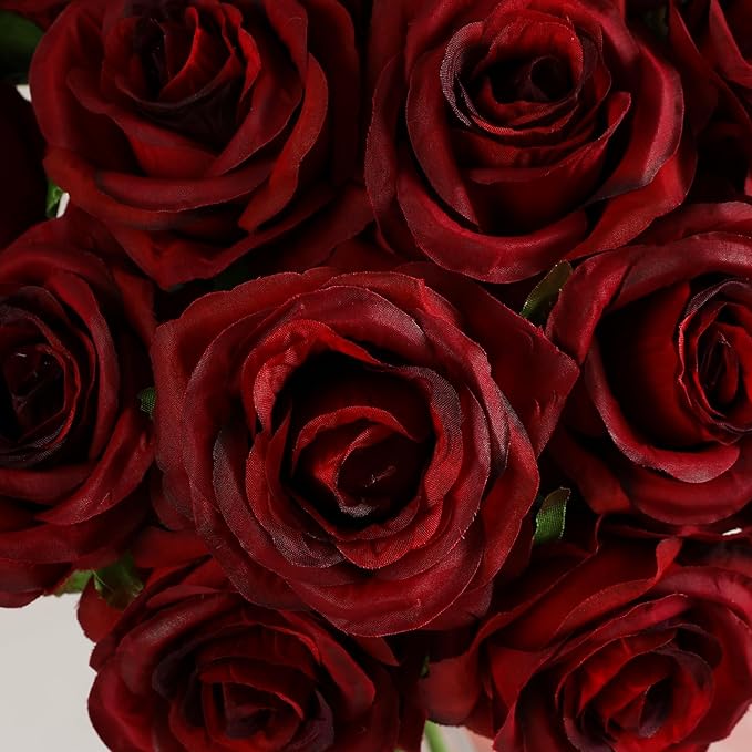 Kisflower 60 Pcs Burgundy Roses Artificial Flowers Bulk, Maroon Flowers Artificial Silk Roses with Stems for Decoration DIY Wedding Bouquet Bridal Shower Party Home Table Centerpieces Decor (Burgundy)