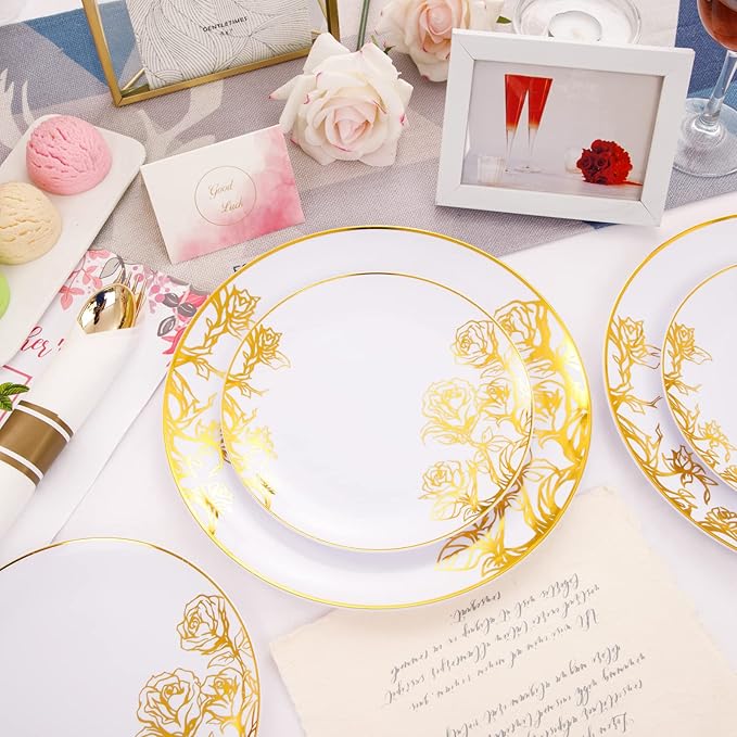DaYammi 210Pcs White Gold Plastic Plates for Party,Gold Disposable Dinnerware Set Includes 60 gold floral plates,30 plastic Silverware,30 Per Rolled Napkins,30 Plastic Cups for Christmas Party Wedding
