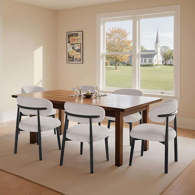 Farmhouse Dining Chairs Set of 6,Mid Century Modern Fabric Upholstered Kitchen Chairs,Wooden Dining Room Chair with Curved Back Black Leg for Kitchen Dining Room Restaurant Cafe,Linen Gray,Only Chairs