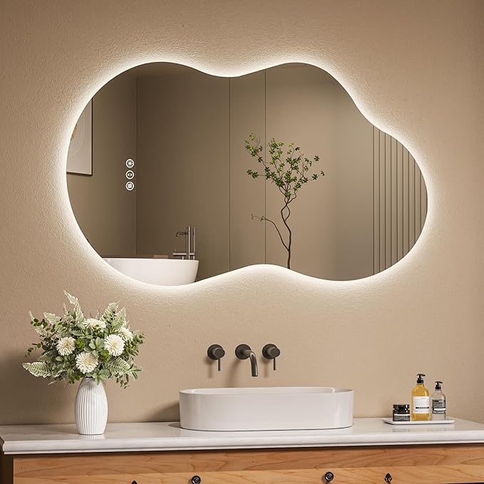 Irregular Cloud Backlit Bathroom Mirror 24x36 Inch, LED Vanity Mirror with Lights Anti-Fog, Dimmable 3 Colors, 4mm Tempered Glass, Horizontal/Vertical Wall Mount for Bathroom or Makeup Area