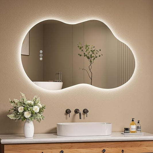 Irregular Cloud Backlit Bathroom Mirror 24x36 Inch, LED Vanity Mirror with Lights Anti-Fog, Dimmable 3 Colors, 4mm Tempered Glass, Horizontal/Vertical Wall Mount for Bathroom or Makeup Area