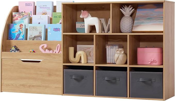 Kids Bookshelf and Toy Storage, Toy Storage Organizers with Movable Drawers & 3 Storage Bins, Kids Reading Nook Toy Organizers Shelf with 5 Cubbies, Natral Wood