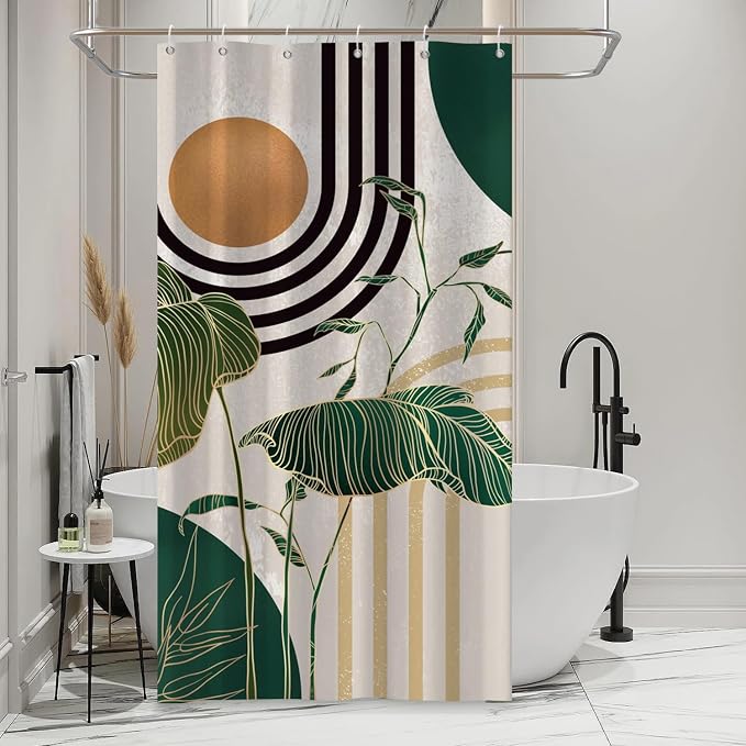 Boho Green Geometric Shower Curtain Bohemian Abstract Mid Century Tropical Bathroom Curtain Minimalist Modern Palm Leaf Shower Curtain Sets for Bathroom Extra Long 54x72 in with 10 Hooks