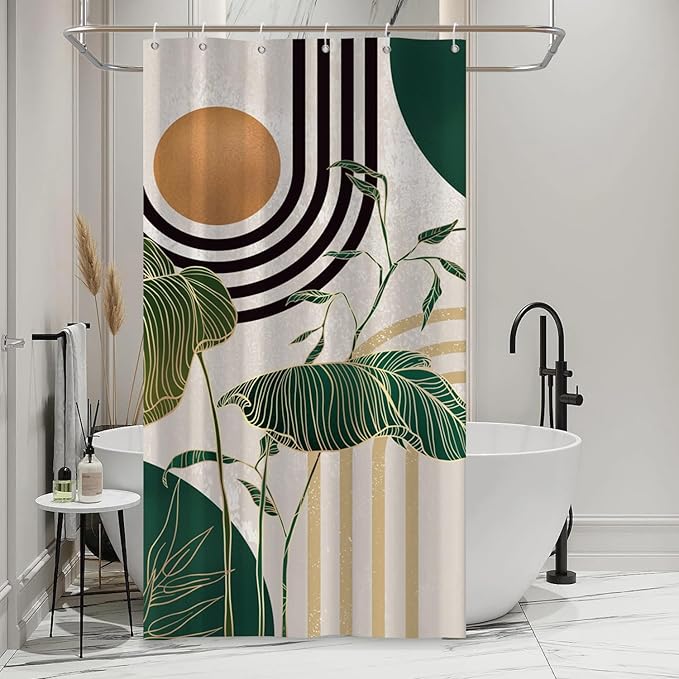Boho Green Geometric Shower Curtain Bohemian Abstract Mid Century Tropical Bathroom Curtain Minimalist Modern Palm Leaf Shower Curtain Sets for Bathroom Extra Long 36x72 in with 6 Hooks
