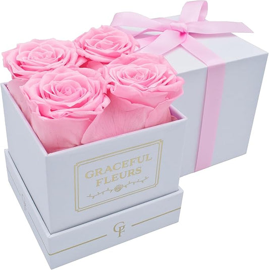 Graceful Fleurs | Real Long Lasting Roses for Years | Preserved Fresh Flowers for Delivery Birthday | Birthday Gifts for Women | Forever Roses in a Box (Pink, White Box, 4 Roses)