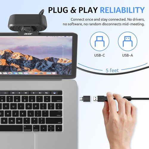 Acer 1080p Webcam - USB Plug and Play Camera with Noise Cancellation | Ideal for Streaming & Online Meetings