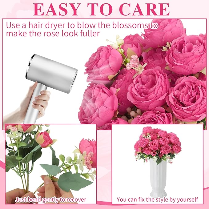 8 Pack Hot Pink Peonies Artificial Flowers, Fake Silk Hydrangea Bouquet for Bridal Wedding Home Table Decor Reusable Dining Opening Ceremony Birthday Arrangement Faux Floral