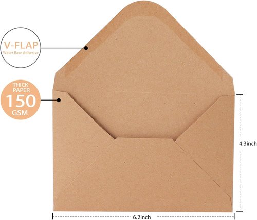 Kraft Envelopes - V-Flap 4 x 6 Inch | 50 Pack Brown Card Envelopes with Water Base Adhesive