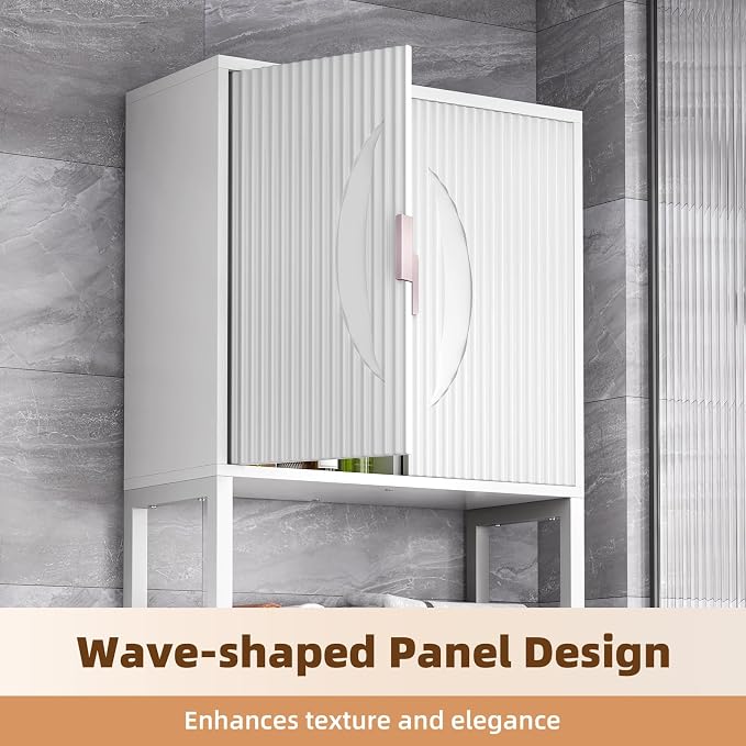Kalrin Over The Toilet Storage Cabinet with Fluted Wave Doors and Adjustable Shelf, Wood Over Toilet Storage Rack with Drain Basket, Freestanding Bathroom Organizer for Balcony Laundry, Pure White