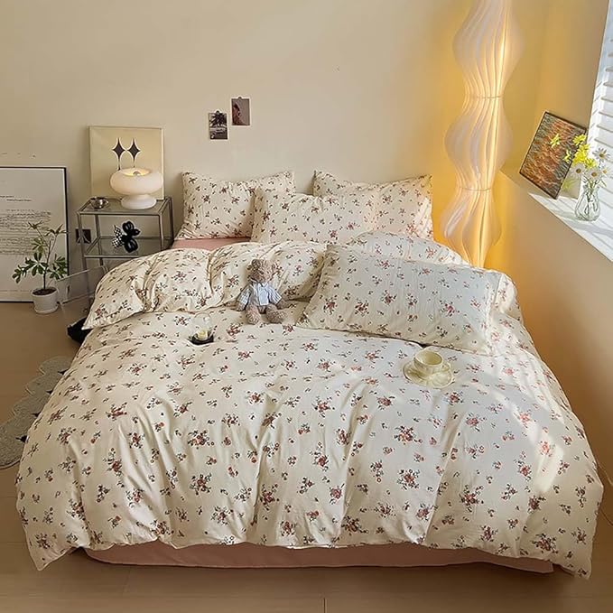 Nayoroom Vintage Floral Duvet Cover Queen Size Red Rose Flower Green Botanical Cottagecore Bedding Set 3 Pieces Soft Lightweight Washed Microfiber Spring Duvet Cover Gifts for Women Girls