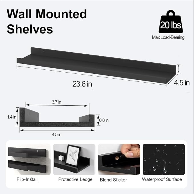 Long Floating Shelves for Wall Decor, Long Wall Mounted Storage Shelf for Bedroom, Living Room, Bathroom, Kitchen, Nursery, Display Picture Ledge Shelf with Lip Set of 2-24 Inches, Black