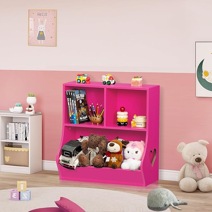 Lerliuo Baby Toddler Bookshelf and Storage Organizer, Kids Cabinet and Bookcase, Wooden 3 Cubby Children Book Shelf for Playroom, Bedroom, Nursery, School 23.62'' H (Pink)