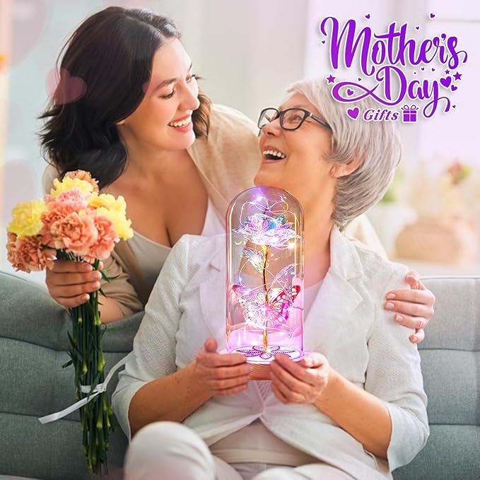 Beferr Christmas Birthday Gifts for Women, Mom Gifts for Christmas Galaxy Glass Rose Forever Preserved Flowers for Delivery Prime Rose in Glass Dome Xmas Gifts for Grandma Wife Sister Her, Rainbow