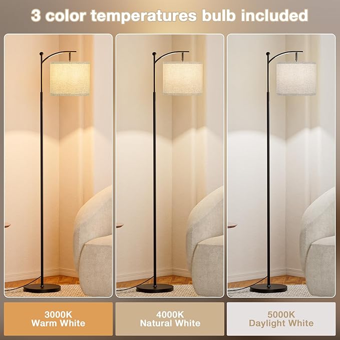 Ambimall 60" Floor Lamp for Living Room with 3 Color Temperatures, Adjustable Grey Shade with Black Pole, Tall Lamp for Bedroom Office Classroom Dorm Room, 9W Bulb Included