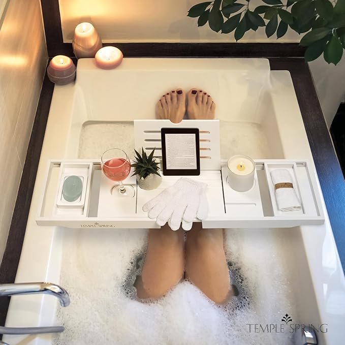 Temple Spring Bamboo Bathtub Tray Caddy for Tub — Expandable Wood Bath Tray with Solid Book Stand Wine Holder and Non-Slip Pads — Includes Bamboo Soap Dish and Spa Accessories — Luxury Bath Gift Set