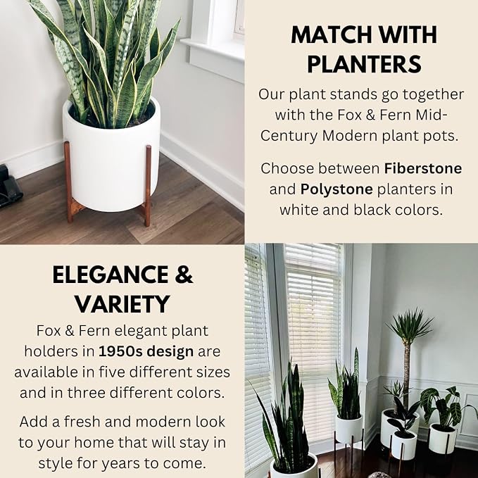 Fox & Fern Mid Century Plant Stand — 14.9 Inch Fixed Size Wooden Plant Stand for Indoor Planters (Not Included) - Extra Large Flower Pot Holder for Indoor Big Pots - Plug In Design - Acacia