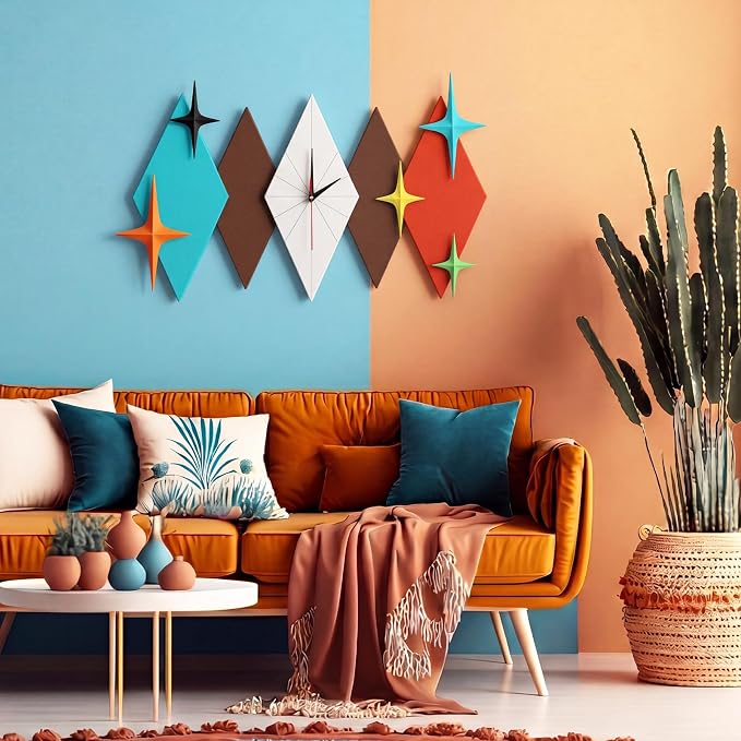 Thyle 25 inch Mid Century Modern Wall Clock Decor with 5 Pcs Retro 3D Star Art Wall Sculpture Starburst Clock Art Vintage Home Decor Accent for Living Room Bedroom Office (Geometric)