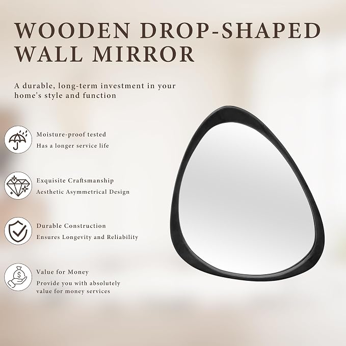 24''x19'' Asymmetrical Mirror with Wood Frame Black, Small Irregular Wall Mirror, Odd Shaped Mid Century Modern Mirror Decor for Bedroom Living Room Entryway Hall