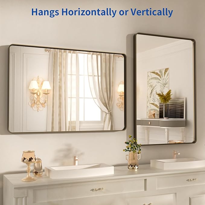 WEER 24x36 Inch Bronze Bathroom Mirror for Vanity, Brushed Bronze Metal Frame Rounded Rectangle Mirror with Tempered Glass, Anti-Rust (Horizontal/Vertical)