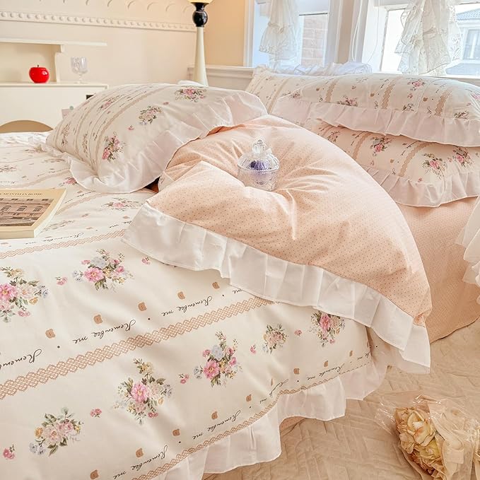 VM VOUGEMARKET Pink Flower Comforter Set Twin White Ruffle Down Comforter with 2 Pillow Shams Cute Romantic Girls Lace Comforter Set Reversible Lightweight(3pcs,Twin XL)