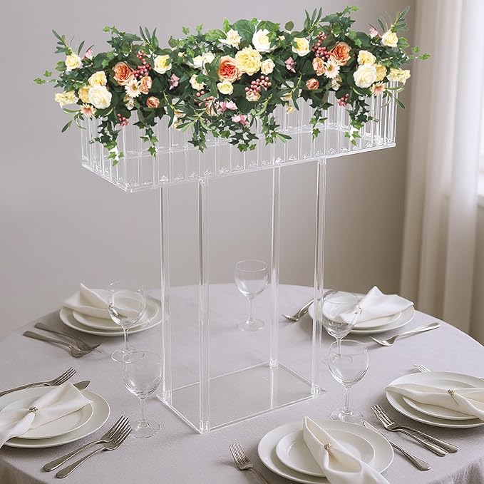 Tall Acrylic Vase 23.6In Wedding Flower Stand Acrylic Centerpiece Stand Geometric Floral Vase Flower Arrangement Holder Rectangular Floral Display Rack for Birthday Party, Table Decorations